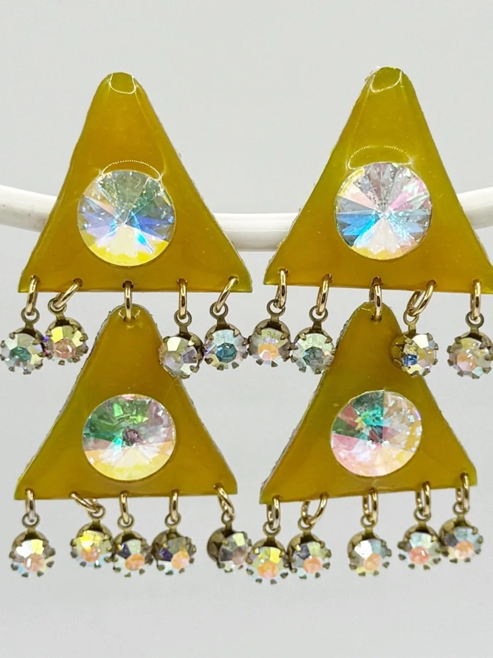 80s Vintage Yellow Resin Triangle‎ Drop Earrings with Holographic AB Crystals